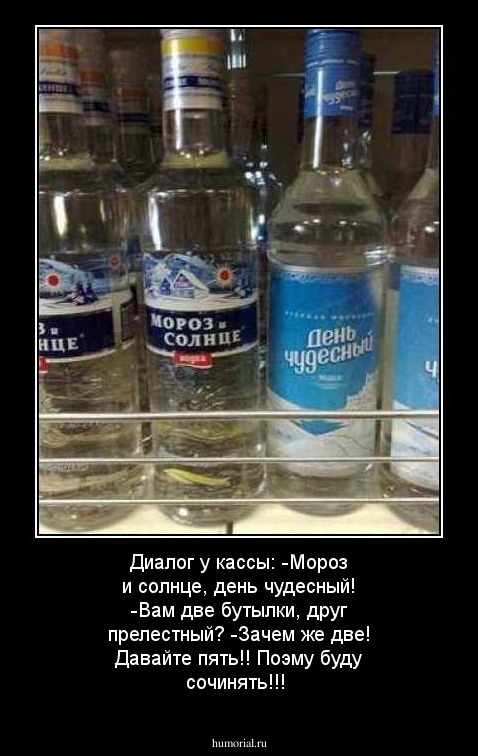 Диалог у кассы: 
 -Мороз и солнце, день чудесный!
 -Вам две бутылки, друг прелестный?
 -Зачем же две! Давайте пять!! Поэму буду сочинять!!!