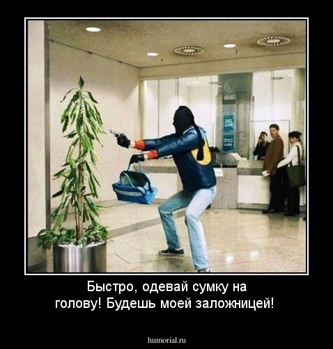Быстро, одевай сумку на голову! Будешь моей заложницей!