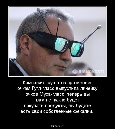 Компания Грушал в противовес очкам Гугл-гласс выпустила линейку очков Муха-гласс, теперь вы вам не нужно будет покупать продукты, вы будете есть свои собственные фекалии.