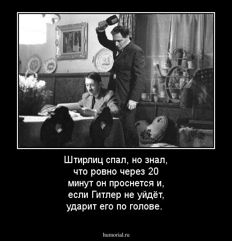 Штирлиц спал, но знал, что ровно через 20 минут он проснется и, если Гитлер не уйдёт, ударит его по голове.