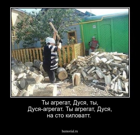 Ты агрегат, Дуся, ты, Дуся-агрегат. Ты агрегат, Дуся, на сто киловатт.