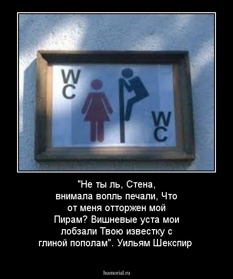 "Не ты ль, Стена, внимала вопль печали,
 Что от меня отторжен мой Пирам?
 Вишневые уста мои лобзали
 Твою известку с глиной пополам".
Уильям Шекспир