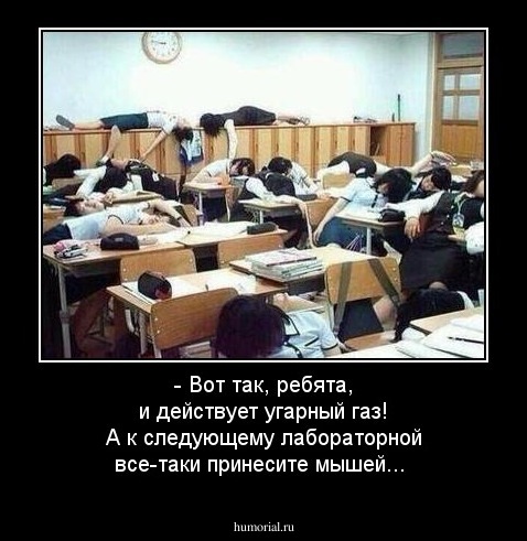 - Вот так, ребята, и действует угарный газ! А к следующему лабораторной все-таки принесите мышей...