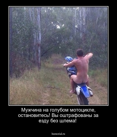 Мужчина на голубом мотоцикле, остановитесь! Вы оштрафованы за езду без шлема!