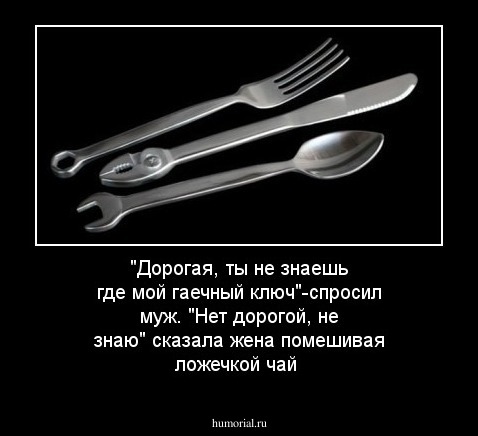 "Дорогая, ты не знаешь где мой гаечный ключ"-спросил муж. "Нет дорогой, не знаю" сказала жена помешивая ложечкой чай