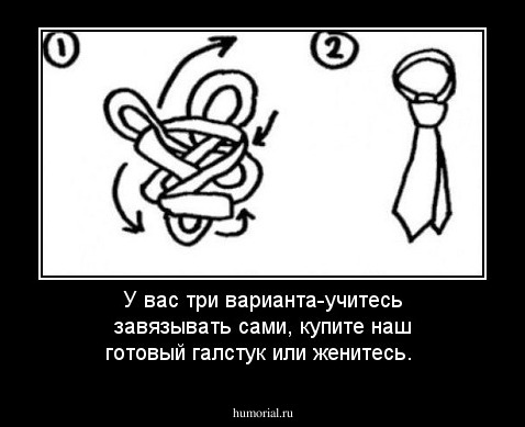 У вас три варианта-учитесь завязывать сами, купите наш готовый галстук или женитесь.