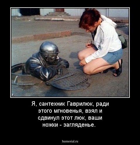 Я, сантехник Гаврилюк, ради этого мгновенья, взял и сдвинул этот люк, ваши ножки - загляденье.