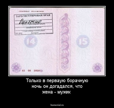Только в перваую  борачную ночь он догадался, что жена - мужик