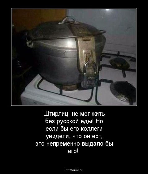 Штирлиц, не мог жить без русской еды! Но если бы его коллеги увидели, что он ест, это непременно выдало бы его!