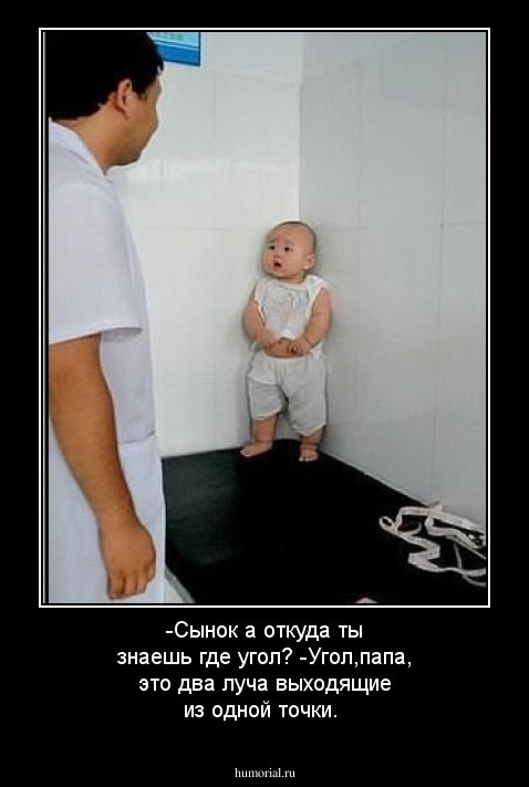 -Сынок а откуда ты знаешь где угол?
-Угол,папа, это два луча выходящие из одной точки.