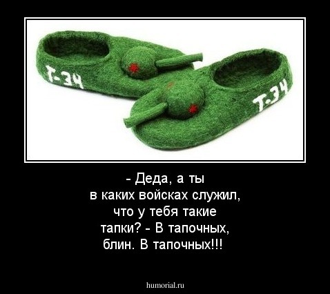- Деда, а ты в каких войсках служил, что у тебя такие тапки?
- В тапочных, блин. В тапочных!!!