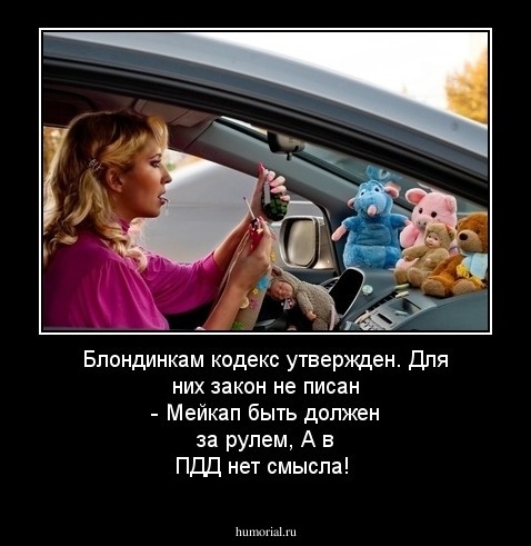 Блондинкам кодекс утвержден.
Для них закон не писан -
Мейкап быть должен за рулем,
А в ПДД нет смысла!
