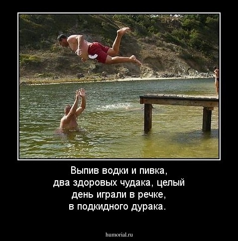 Выпив  водки  и  пивка,  два  здоровых  чудака, целый  день  играли  в   речке, в  подкидного дурака.