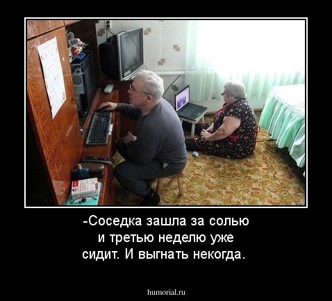 -Соседка зашла за солью и третью неделю уже сидит. И выгнать некогда.