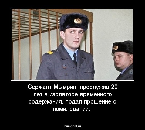 Сержант Мымрин, прослужив 20 лет в изоляторе временного содержания, подал прошение о помиловании.