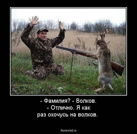 - Фамилия? - Волков. - Отлично. Я как раз охочусь на волков.