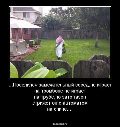 ...Поселился замечательный сосед,не играет на тромбоне не играет на трубе,но зато газон стрижет он с автоматом на спине...