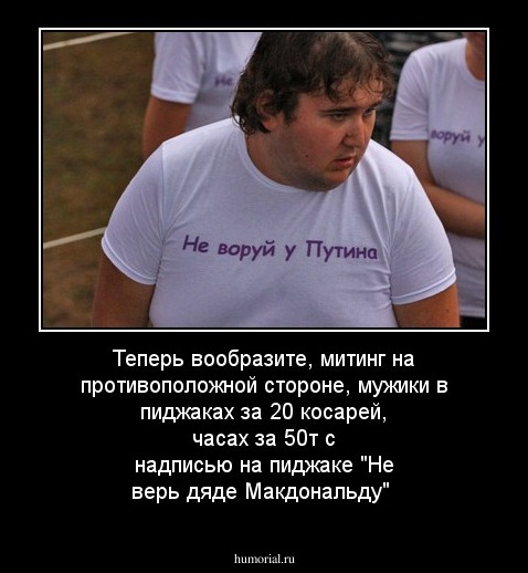 Теперь вообразите, митинг на противоположной стороне, мужики в пиджаках за 20 косарей, часах за 50т с надписью на пиджаке "Не верь дяде Макдональду"