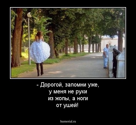 - Дорогой, запомни уже, у меня не руки из жопы, а ноги от ушей!