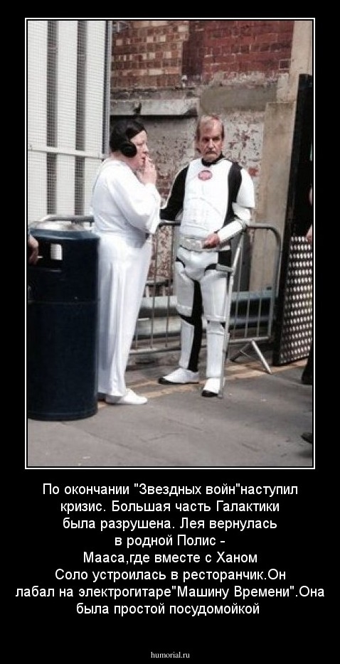 По окончании "Звездных войн"наступил кризис. Большая часть Галактики была разрушена. Лея вернулась в родной Полис - Мааса,где вместе с Ханом Соло устроилась в ресторанчик.Он лабал на электрогитаре"Машину Времени".Она была простой посудомойкой