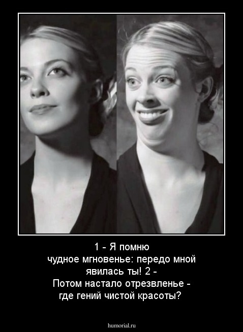 1 - Я помню чудное мгновенье: передо мной явилась ты!
2 - Потом настало отрезвленье - где гений чистой красоты?