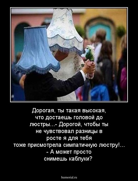 Дорогая, ты такая высокая, что достаешь головой до люстры...- Дорогой, чтобы ты не чувствовал разницы в росте я для тебя тоже присмотрела симпатичную люстру!... - А может просто снимешь каблуки?