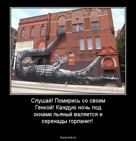 Слушай! Помирись со своим Генкой! Каждую ночь под окнами пьяный валяется и серенады горланит! 
