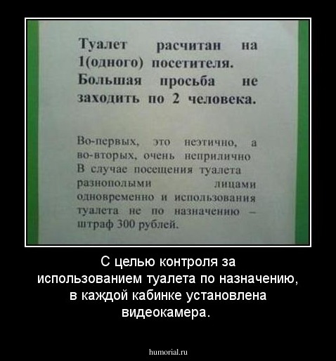 С целью контроля за использованием туалета по назначению, в каждой кабинке установлена видеокамера.