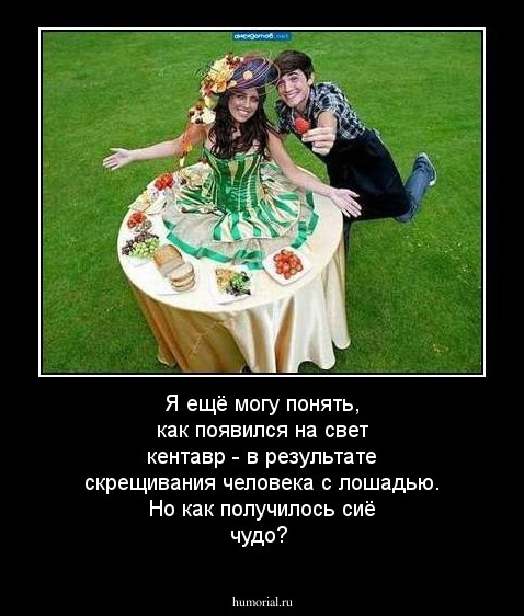 Я ещё могу понять, как появился на свет
 кентавр - в результате скрещивания человека с лошадью. Но как получилось сиё чудо?