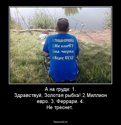  А на груди: 1. Здравствуй, Золотая рыбка! 2.Миллион евро.   3. Феррари.  4. Не треснет.