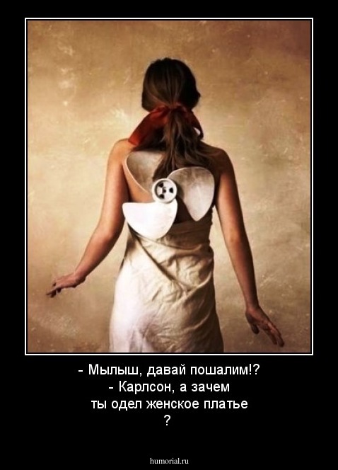 -  Мылыш, давай пошалим!? 
- Карлсон, а зачем ты одел женское платье ? 