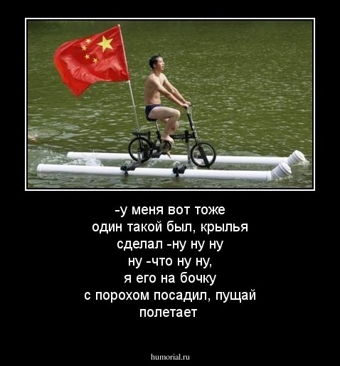 -у меня вот тоже один такой был, крылья сделал
-ну ну ну ну
-что ну ну, я его на бочку с порохом посадил, пущай полетает