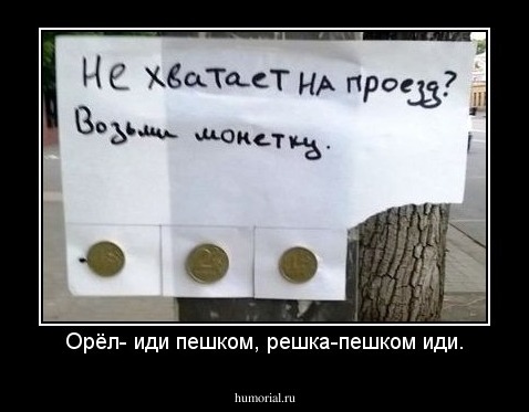 Орёл- иди пешком, решка-пешком иди.