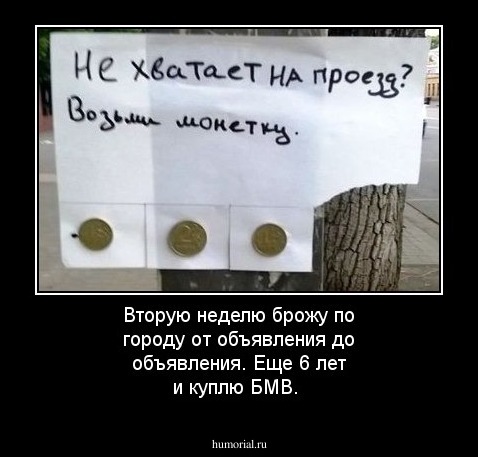 Вторую неделю брожу по городу от объявления до объявления. Еще 6 лет и куплю БМВ.