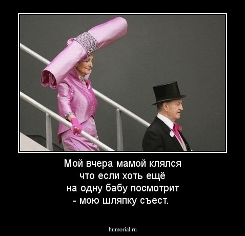 Мой вчера мамой клялся что если хоть ещё на одну бабу посмотрит - мою шляпку съест.