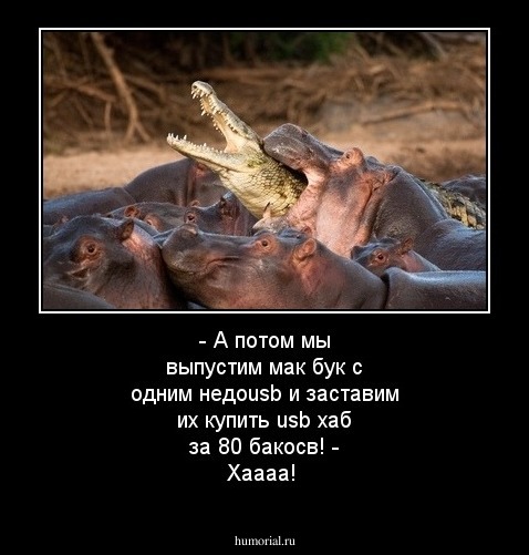 - А потом мы выпустим мак бук с одним недоusb и заставим их купить usb хаб за 80 бакосв!
- Хаааа!