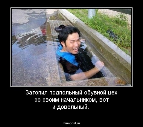 Затопил подпольный обувной цех со своим  начальником, вот и довольный.