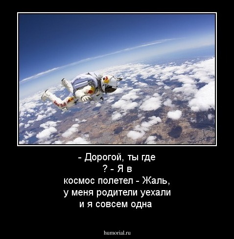 - Дорогой, ты где ?
- Я в космос полетел
- Жаль, у меня родители уехали и я совсем одна 