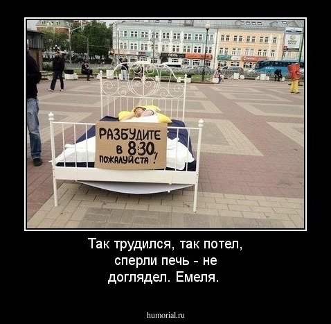 Так трудился, так потел, сперли печь - не доглядел. Емеля. 