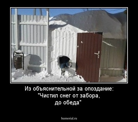 Из объяснительной за опоздание: "Чистил снег от забора, до обеда"