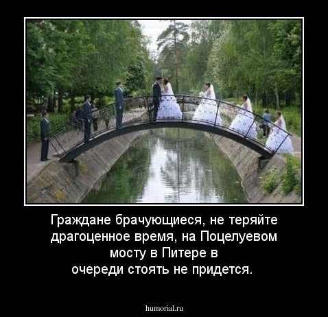 Граждане брачующиеся, не теряйте драгоценное время,  на Поцелуевом мосту в Питере в очереди стоять не придется.