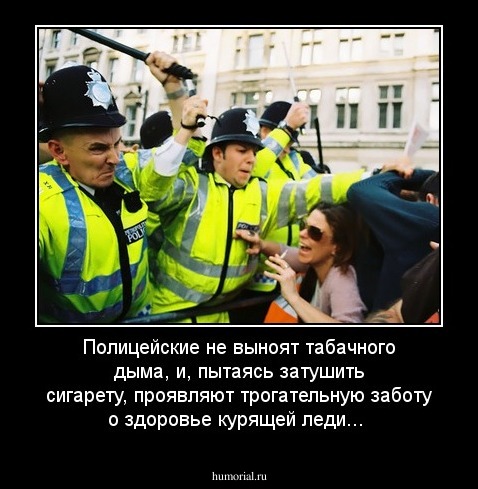 Полицейские не выноят табачного дыма, и, пытаясь затушить сигарету, проявляют трогательную заботу о здоровье курящей леди...