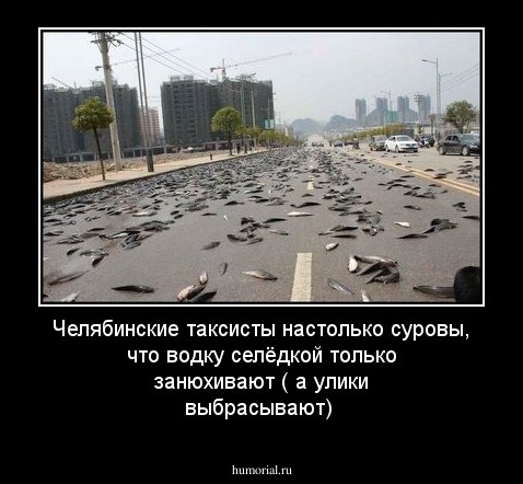 Челябинские таксисты настолько  суровы, что водку селёдкой  только занюхивают ( а улики выбрасывают)