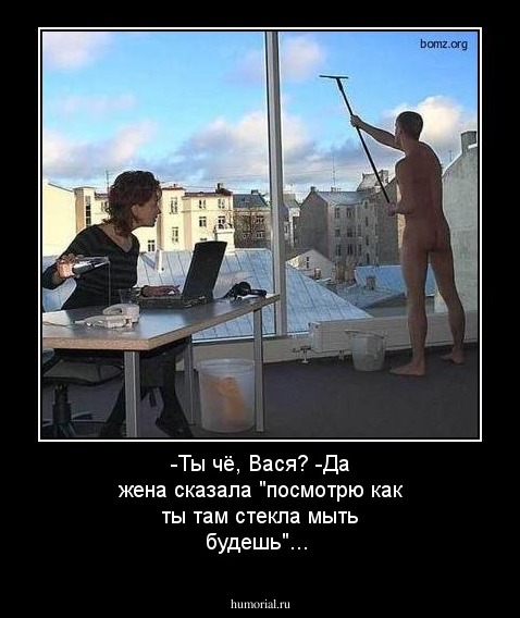 -Ты чё, Вася?  -Да жена сказала "посмотрю как ты там стекла мыть будешь"...