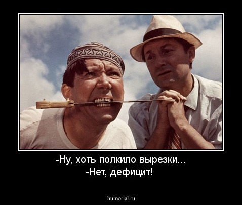 -Ну, хоть полкило вырезки...
-Нет, дефицит!