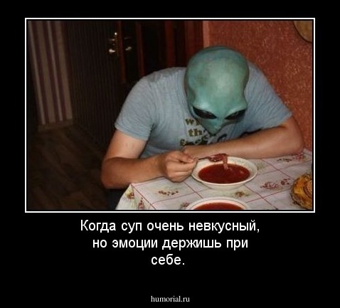 Когда суп очень невкусный, но эмоции держишь при себе. 