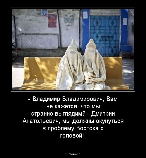 - Владимир Владимирович, Вам не кажется, что мы странно выглядим?        - Дмитрий Анатольевич, мы должны окунуться в проблему Востока с головой!