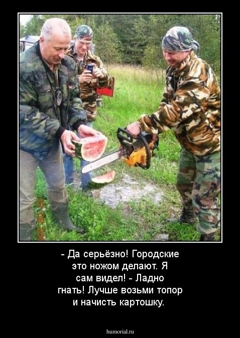 - Да серьёзно! Городские это ножом делают. Я сам видел!
 - Ладно гнать! Лучше возьми топор и начисть картошку.