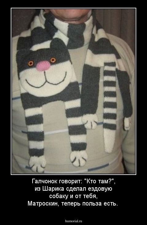 Галчонок говорит: "Кто там?", из Шарика сделал ездовую собаку и от тебя, Матроскин, теперь польза есть.  