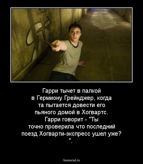 Гарри тычет в палкой в Гермиону Грейнджер, когда та пытается довести его пьяного домой в Хогвартс. Гарри говорит - "Ты точно проверила что последний поезд Хогварти-экспресс ушел уже? ".